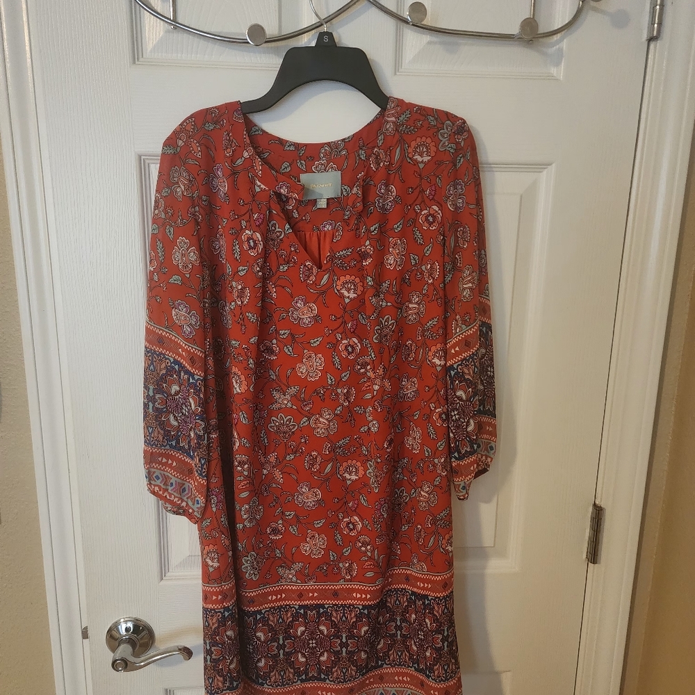 Skies Are Blue Women's Orange/Coral Floral Print 3/4 Sleeve Shift Dress Size XS